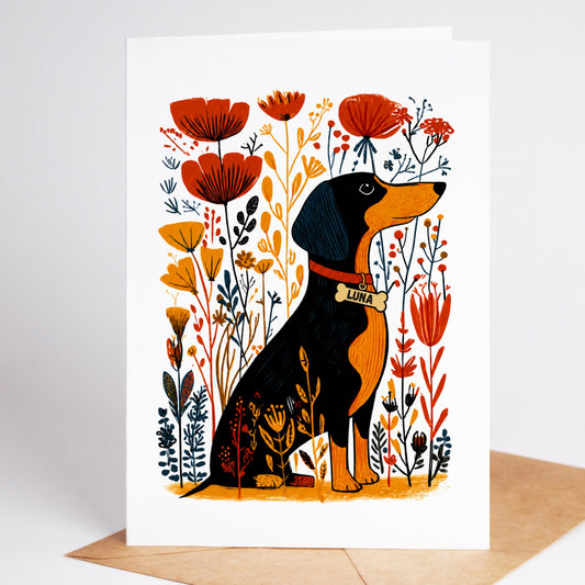 Personalized Dachshund sympathy card with the name Luna on a dog tag, standing on a kraft envelope