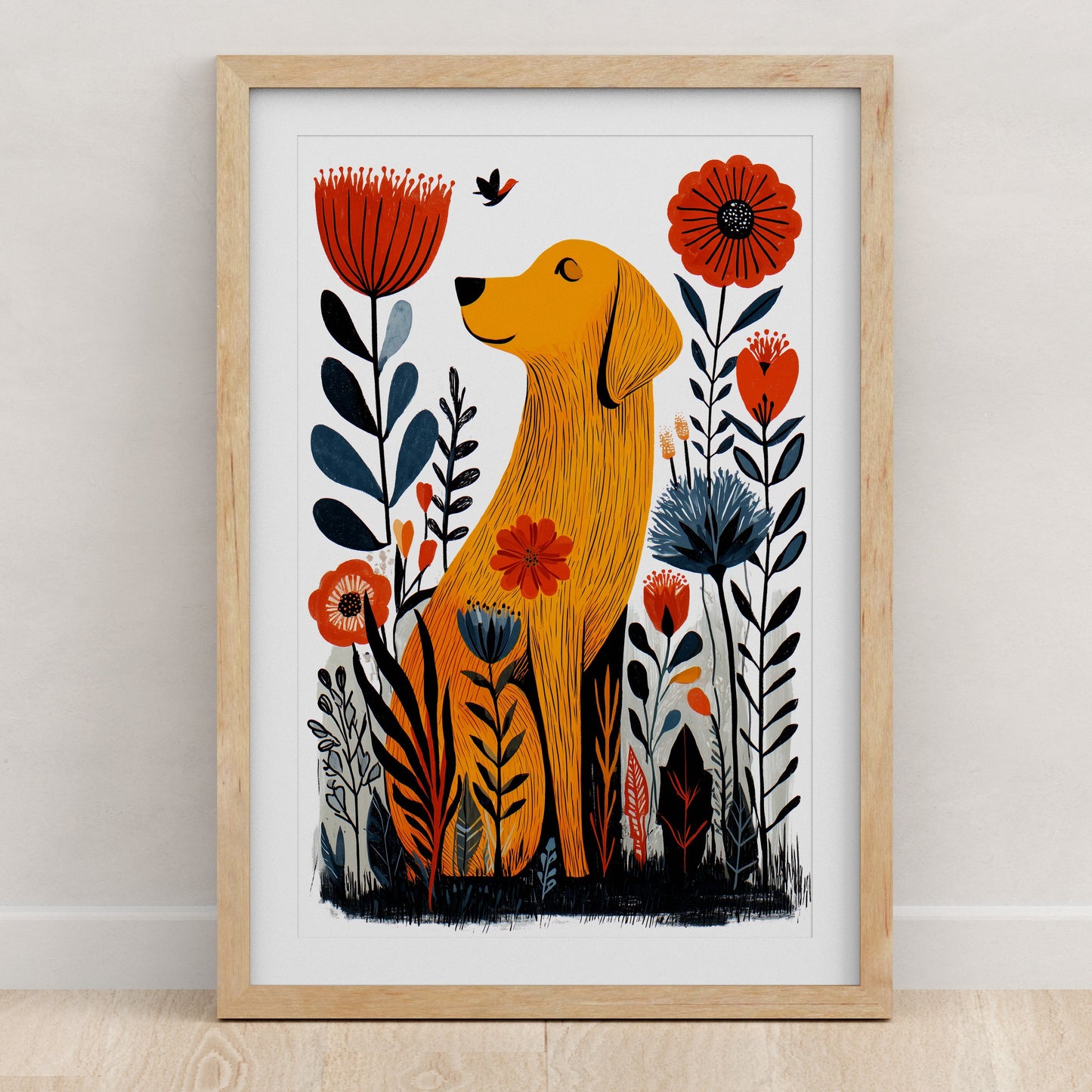 Golden Retriever Floral Art Print | Folk-Art Wall Decor