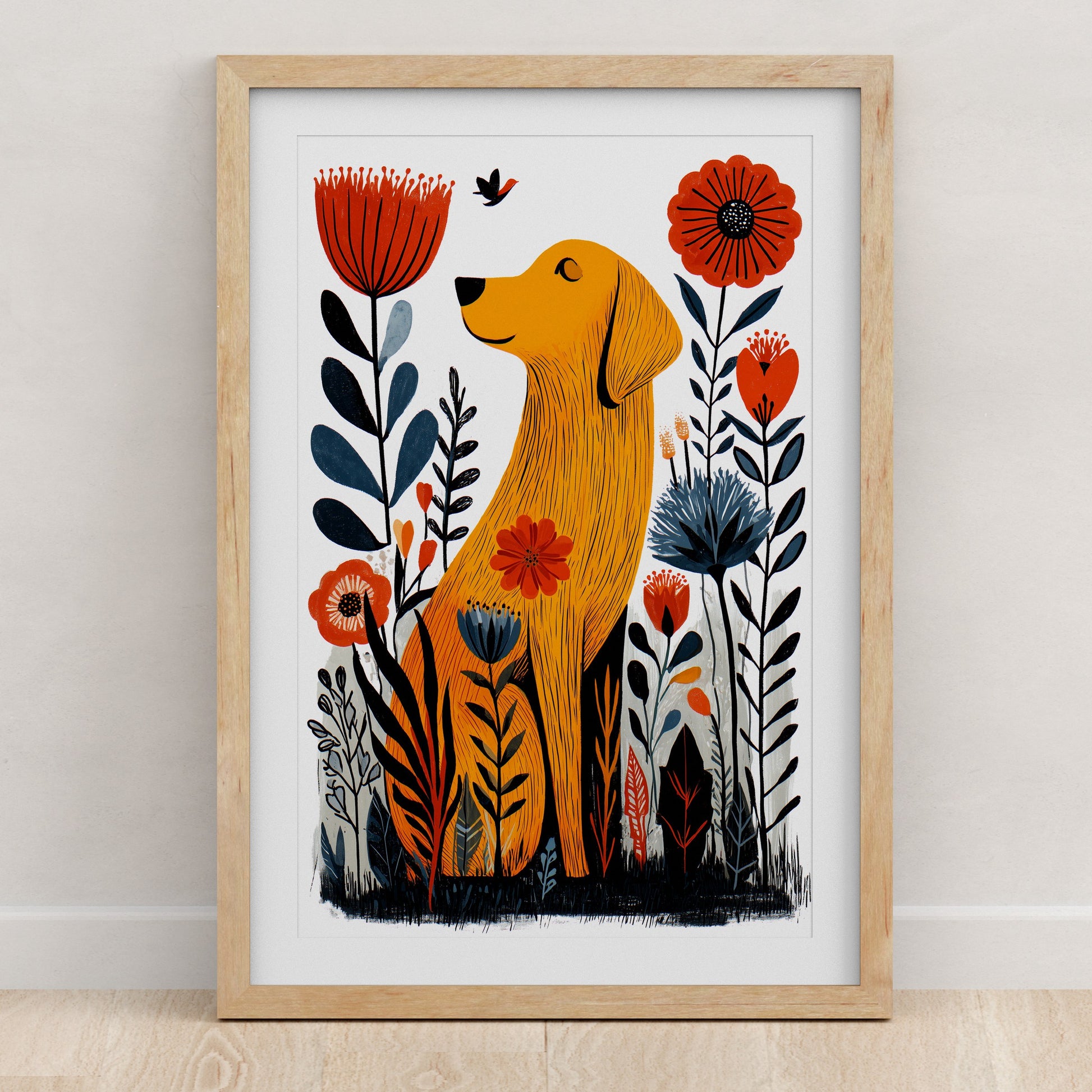 Golden Retriever Floral Art Print | Folk-Art Wall Decor