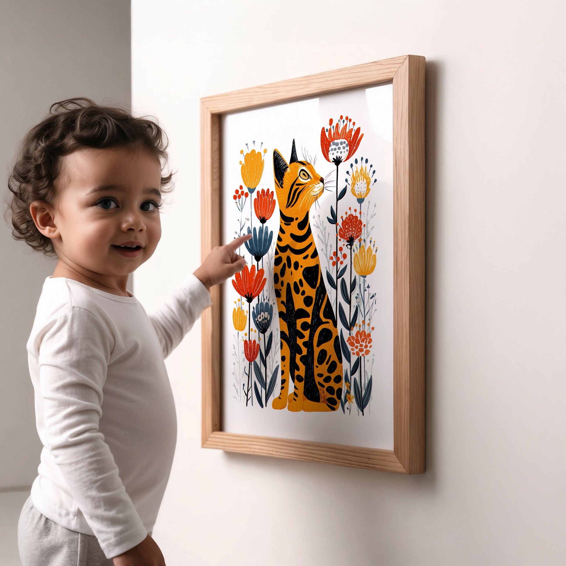 Bengal Cat Floral Art Print | Folk-Art Wall Decor