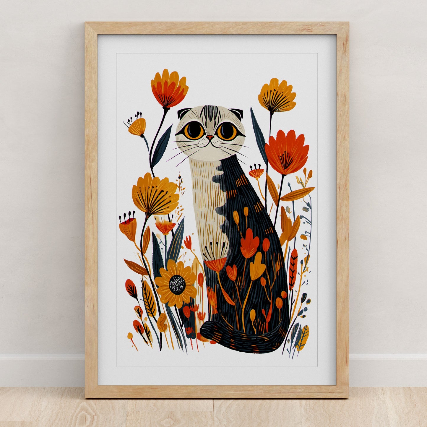 Scottish Fold Cat Floral Art Print | Folk-Art Wall Decor