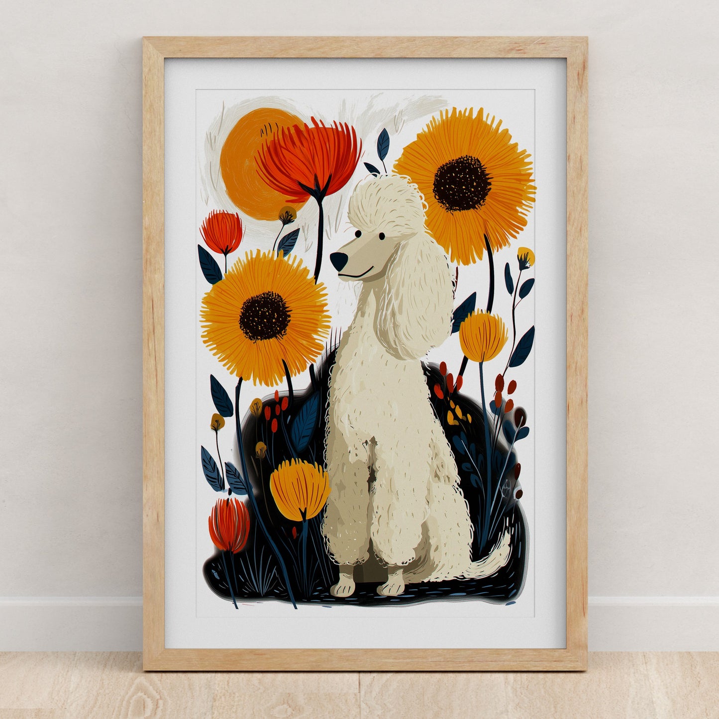 White Poodle Floral Art Print | Folk-Art Wall Decor