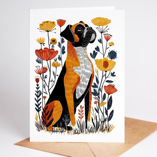 Boxer dog greeting card featuring a playful brown and white boxer illustrated in modern folk-art style, perfect gift for dog lovers and pet owners.