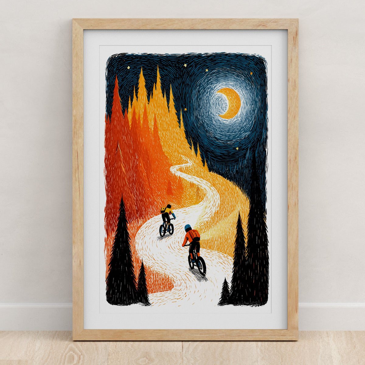 Folk art mountain biking wall art print