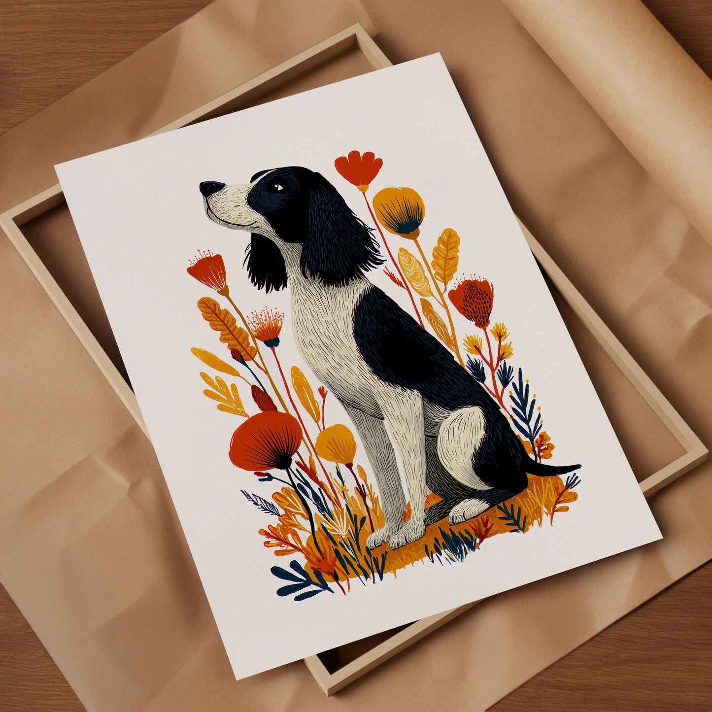 Springer Spaniel Floral Art Print | Folk-Art Wall Decor