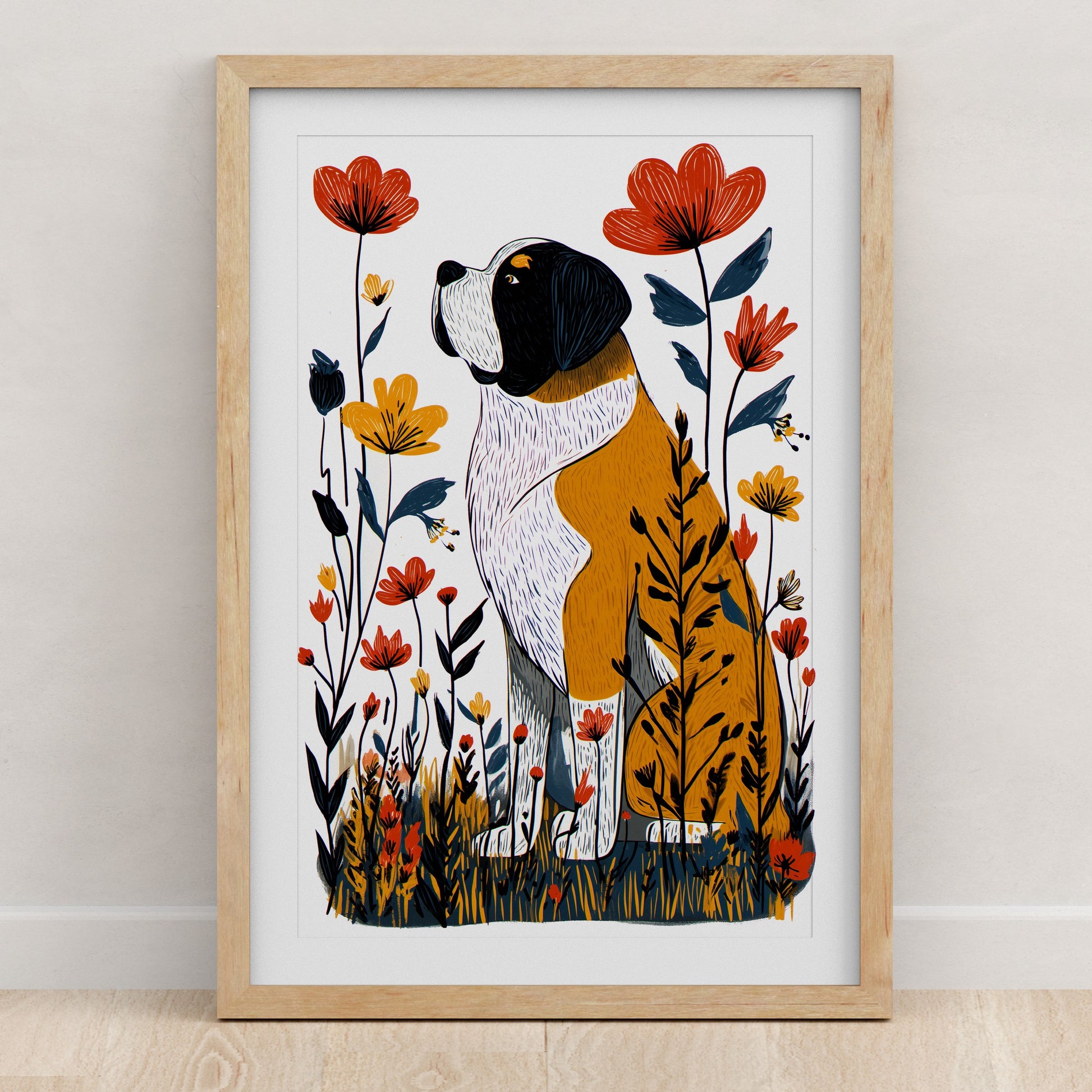 St Bernard Floral Art Print | Folk-Art Wall Decor