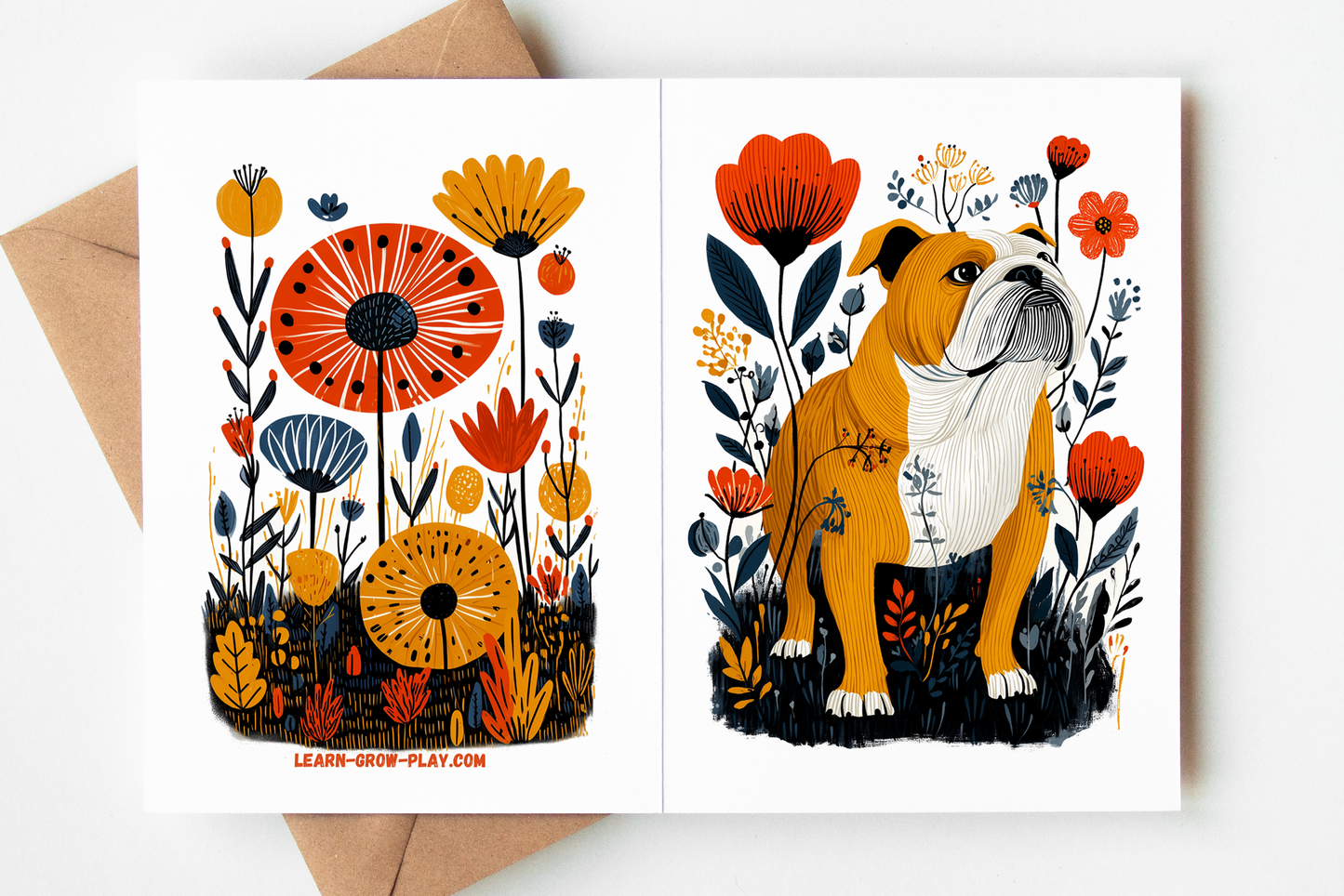 Blank English Bulldog card for birthday or thank-you note, with whimsical floral folk-art design and premium cardstock.
