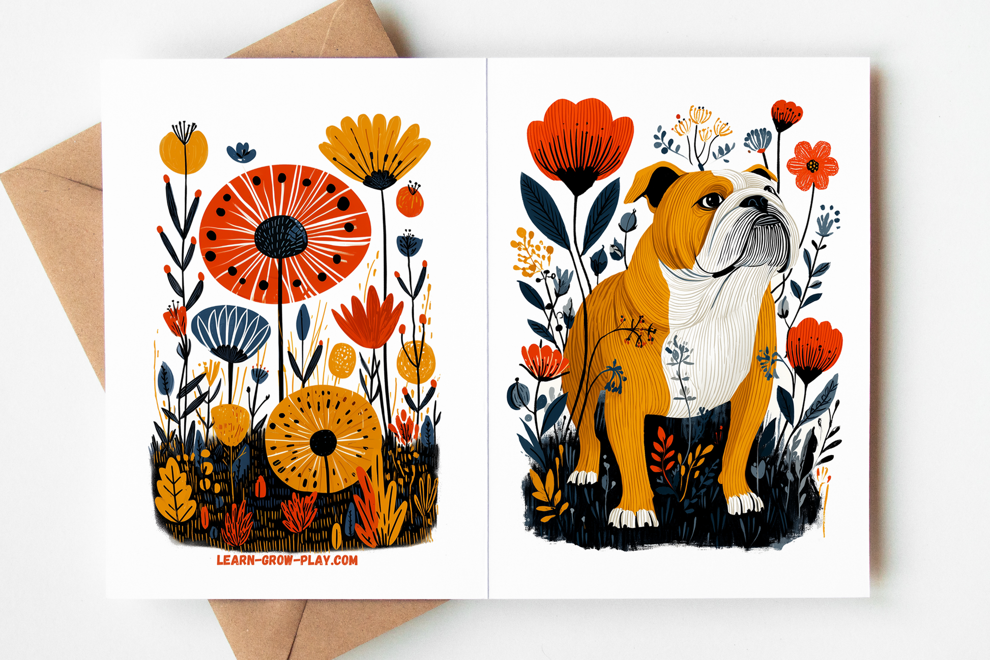 Blank English Bulldog card for birthday or thank-you note, with whimsical floral folk-art design and premium cardstock.