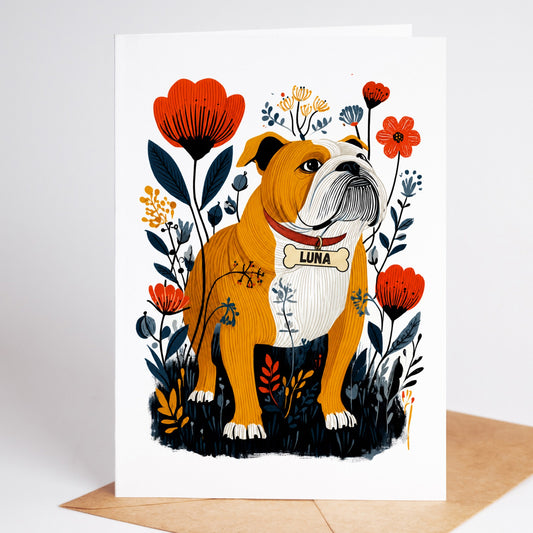 Personalized English Bulldog sympathy card with the name Luna on a dog tag, standing on a kraft envelope