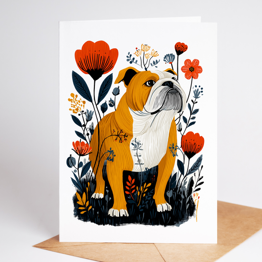 Front of English Bulldog greeting card featuring floral folk-art illustration in 4.25x5.5 size, perfect for dog lovers.