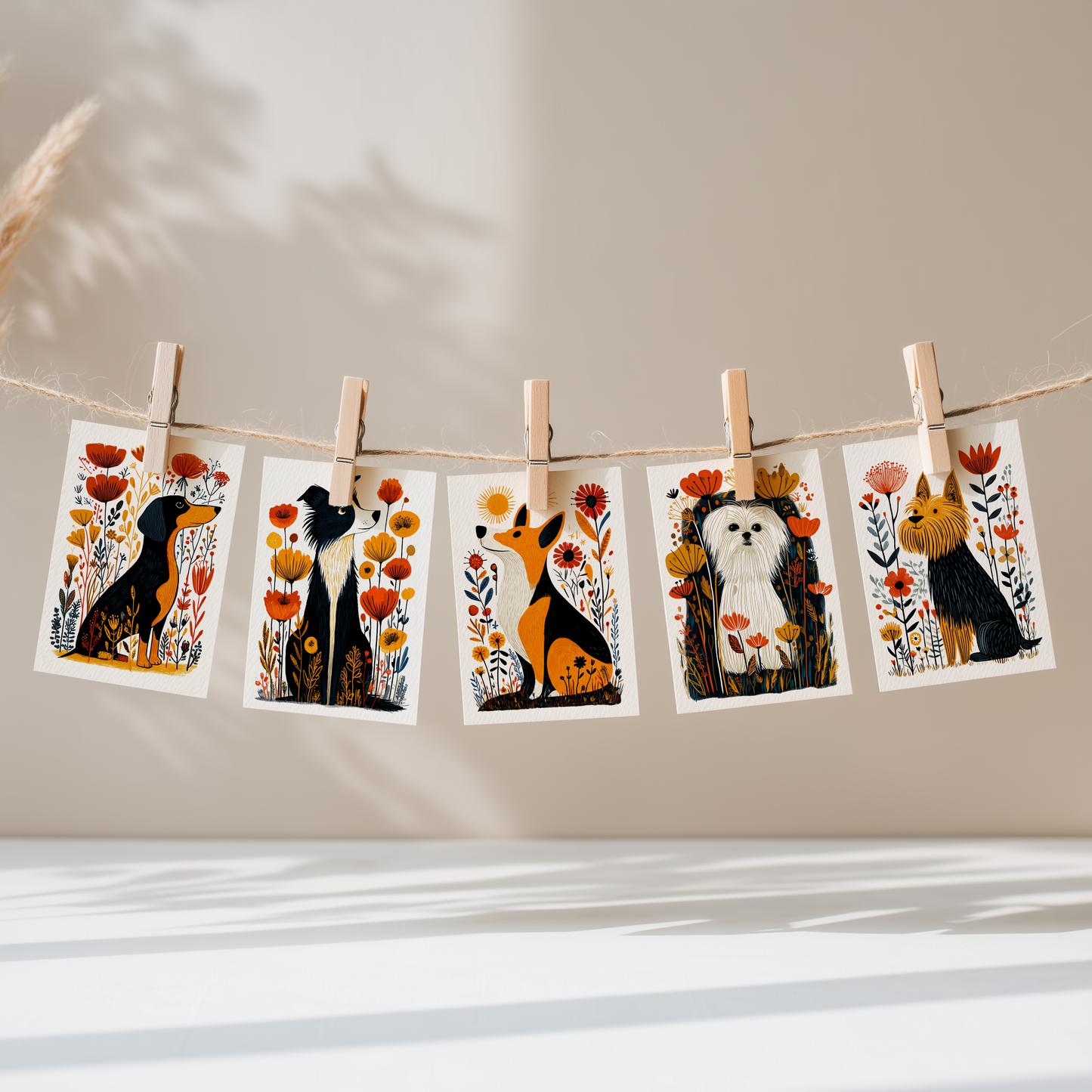 Corgi Greeting Card - Set of 8 | Cute Welsh Corgi Dog Note Card | Blank Birthday Card for Dog Lovers | Folk Art Pet Stationery