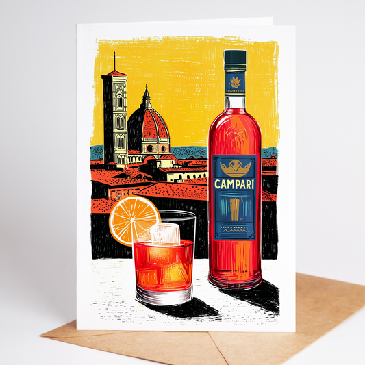 Campari bottle with a glass of cocktail and Florence skyline illustration on a card.