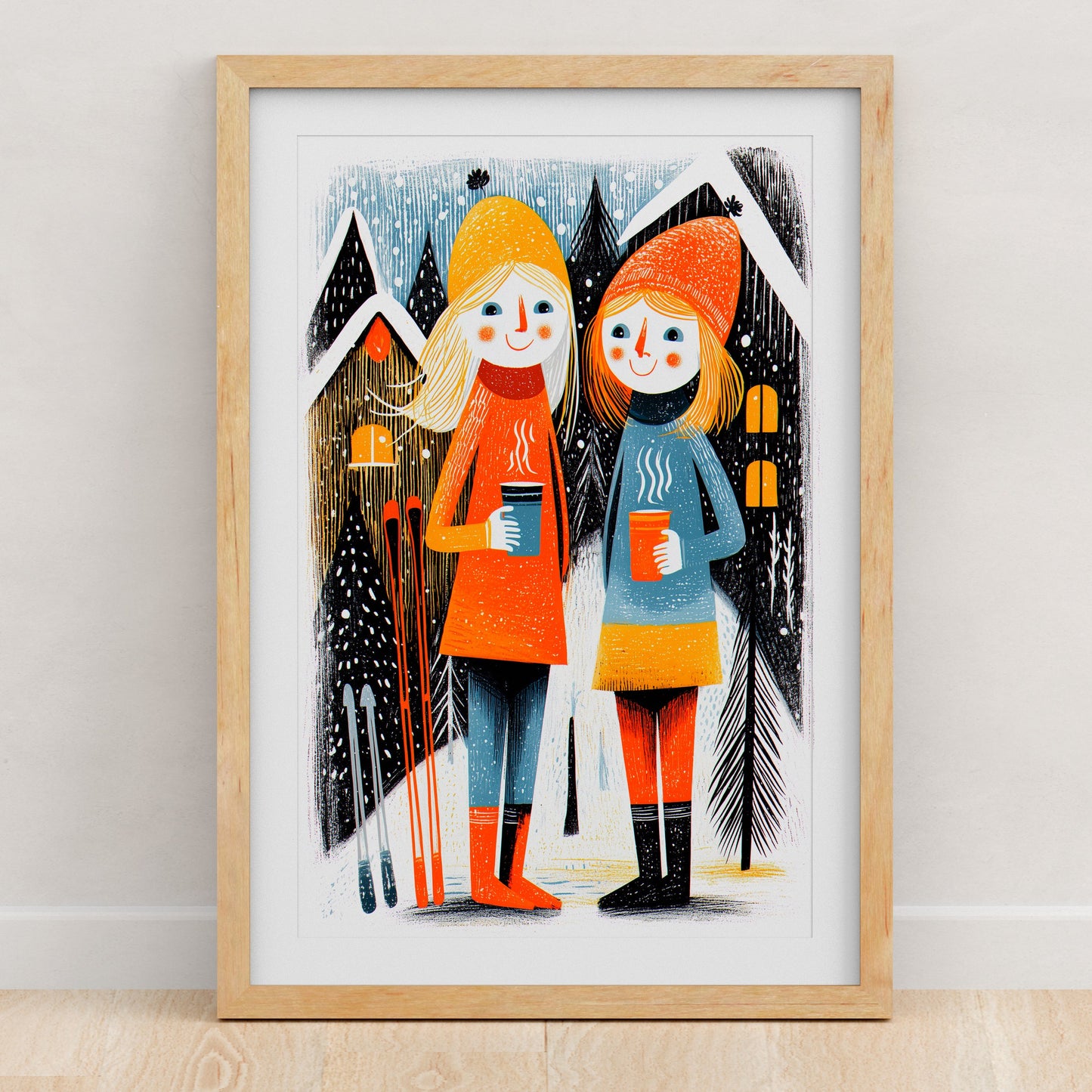 Skiing Art Print | Folk-Art Wall Decor