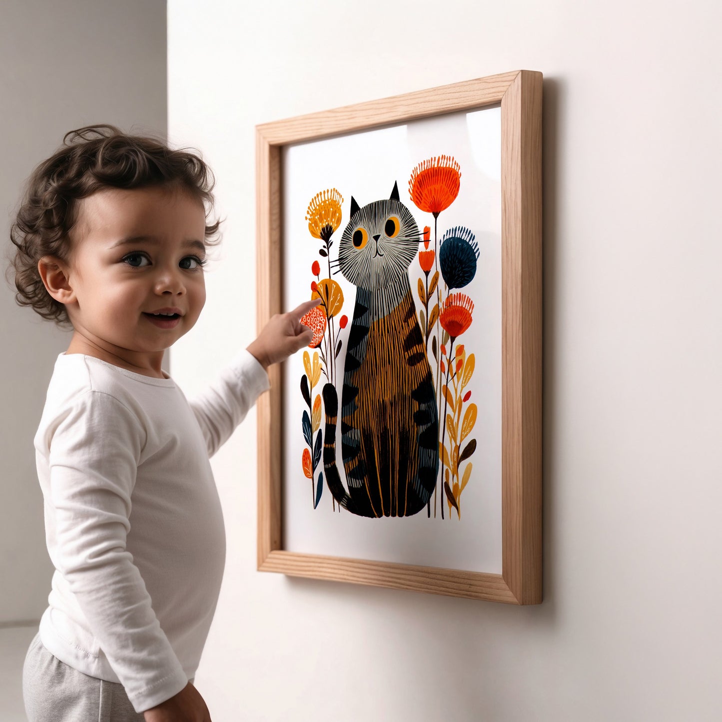 Grey Tabby Cat Floral Art Print | Folk-Art Wall Decor