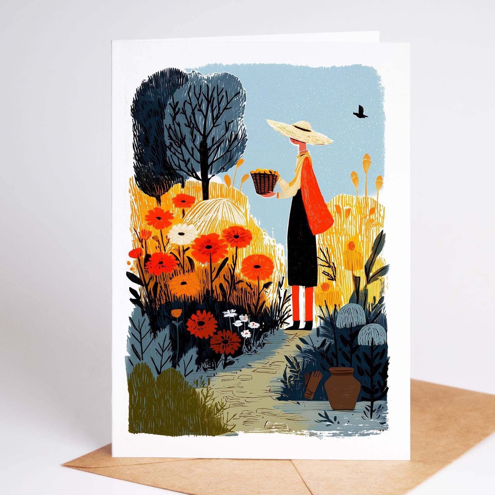 Gardening greeting card illustration of lush garden scene, brush-stroke art with bold white border, perfect stationery gift.