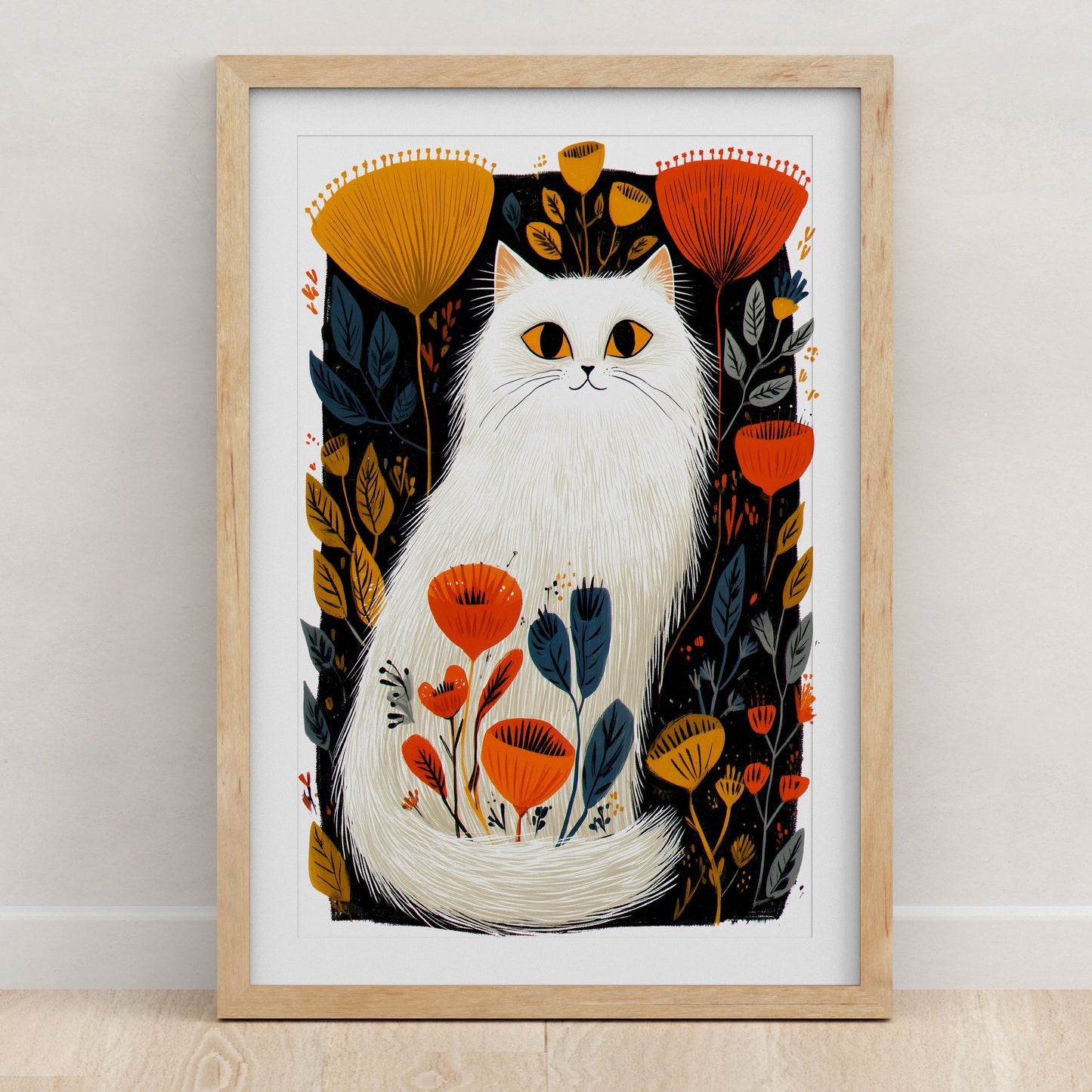 White Cat Floral Art Print | Folk-Art Wall Decor