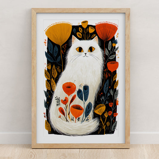 White Cat Floral Art Print | Folk-Art Wall Decor
