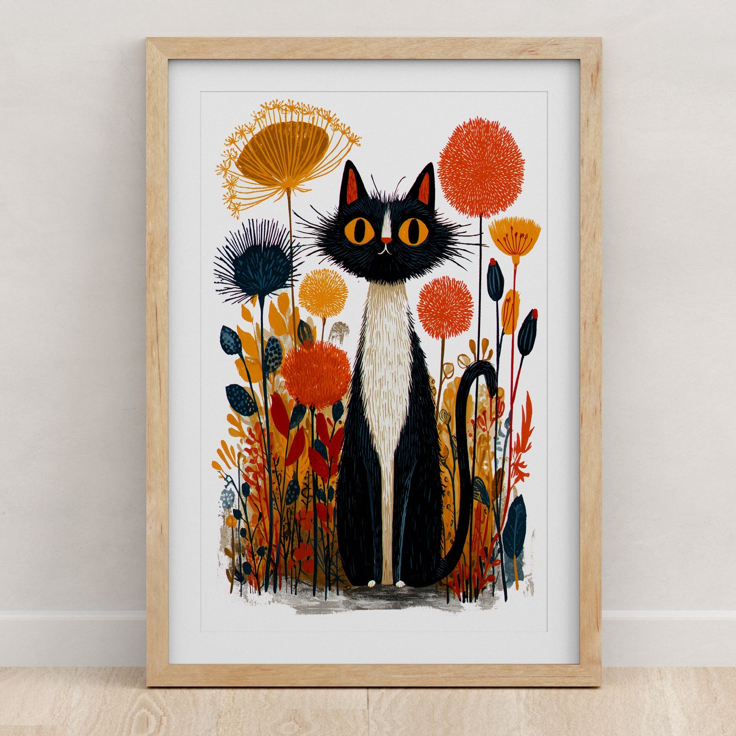 Tuxedo Cat Floral Art Print | Folk-Art Wall Decor