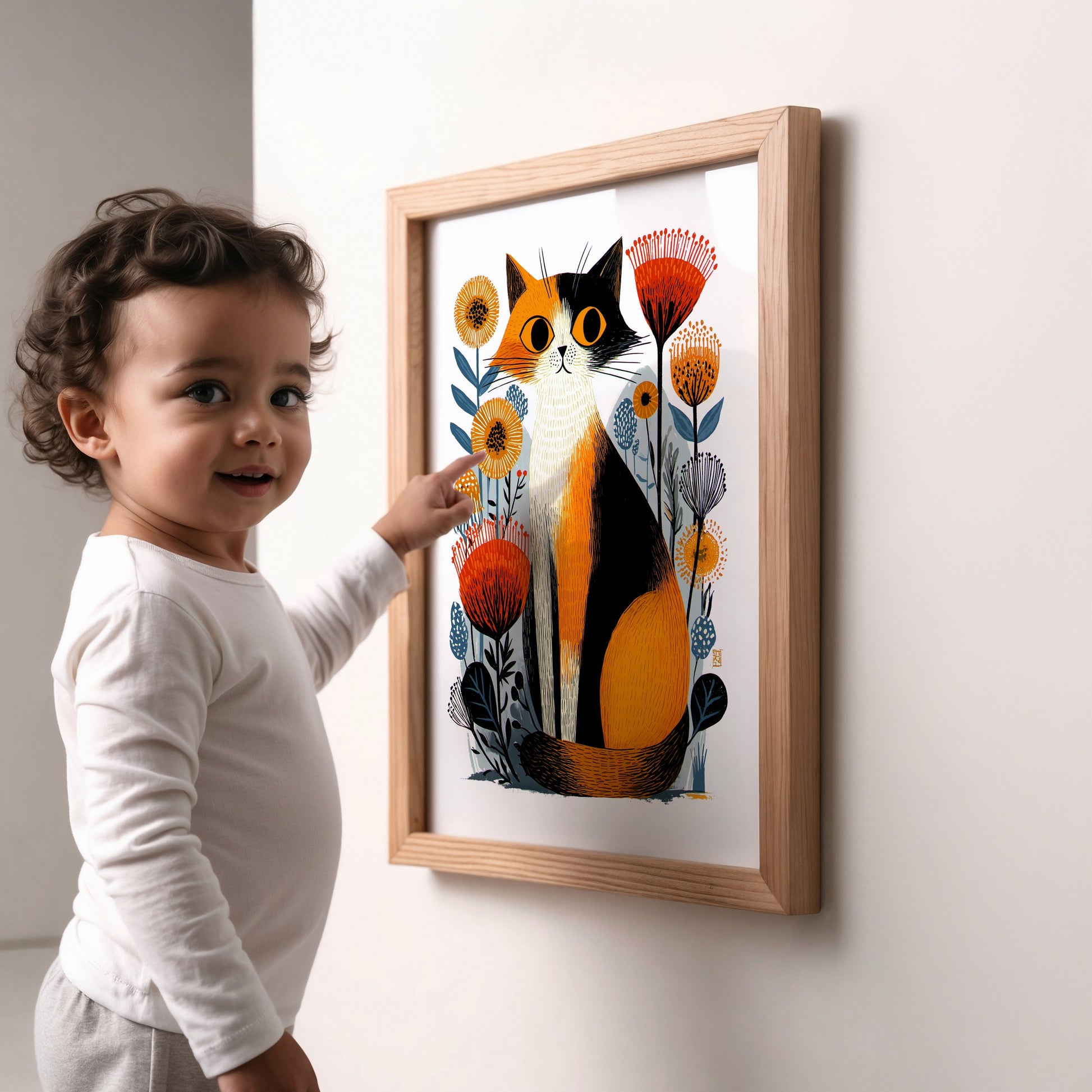 Calico Cat Floral Art Print | Folk-Art Wall Decor