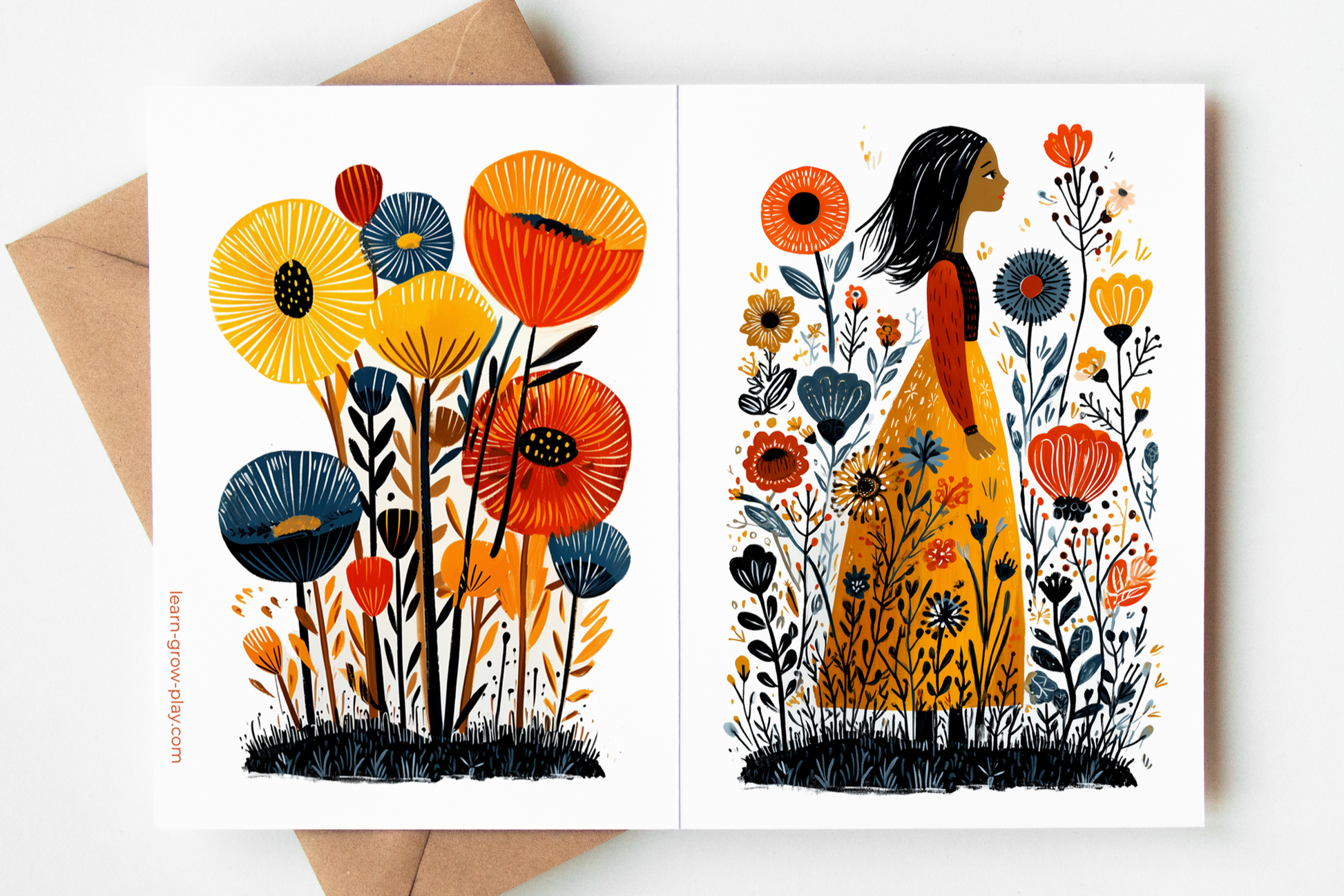 Illustrated wildflower card featuring a storybook girl surrounded by vibrant botanical blooms and foliage; premium matte blank inside for birthdays, thank-yous, or everyday notes.