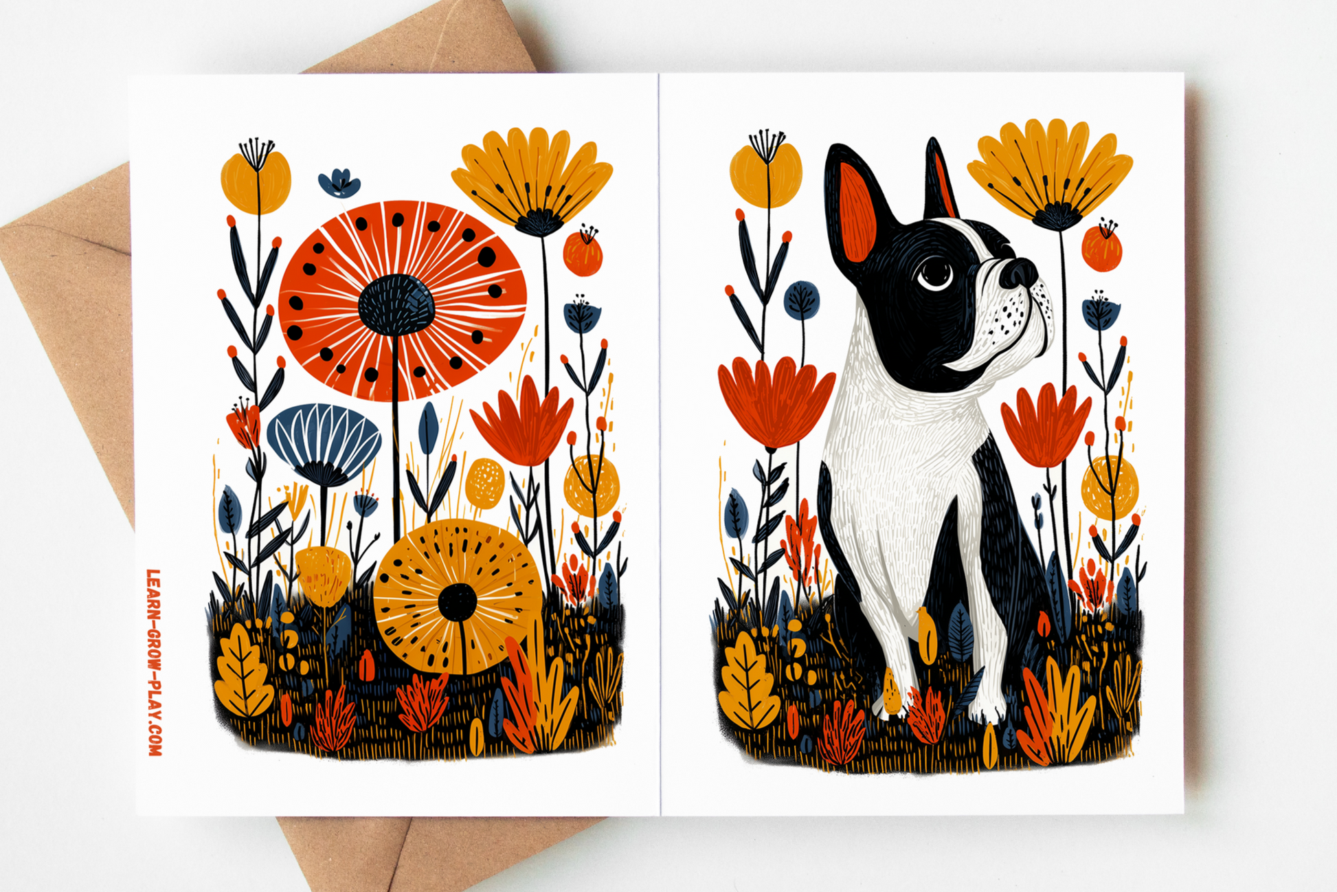 Modern floral French bulldog blank card featuring a playful wildflower meadow and attentive Frenchie; versatile greeting with eco-friendly kraft envelope.
