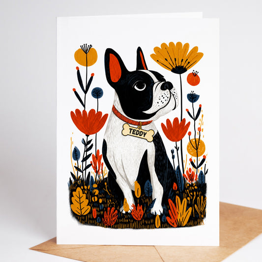Personalized French Bulldog sympathy card with the name Teddy on a dog tag, standing on a kraft envelope
