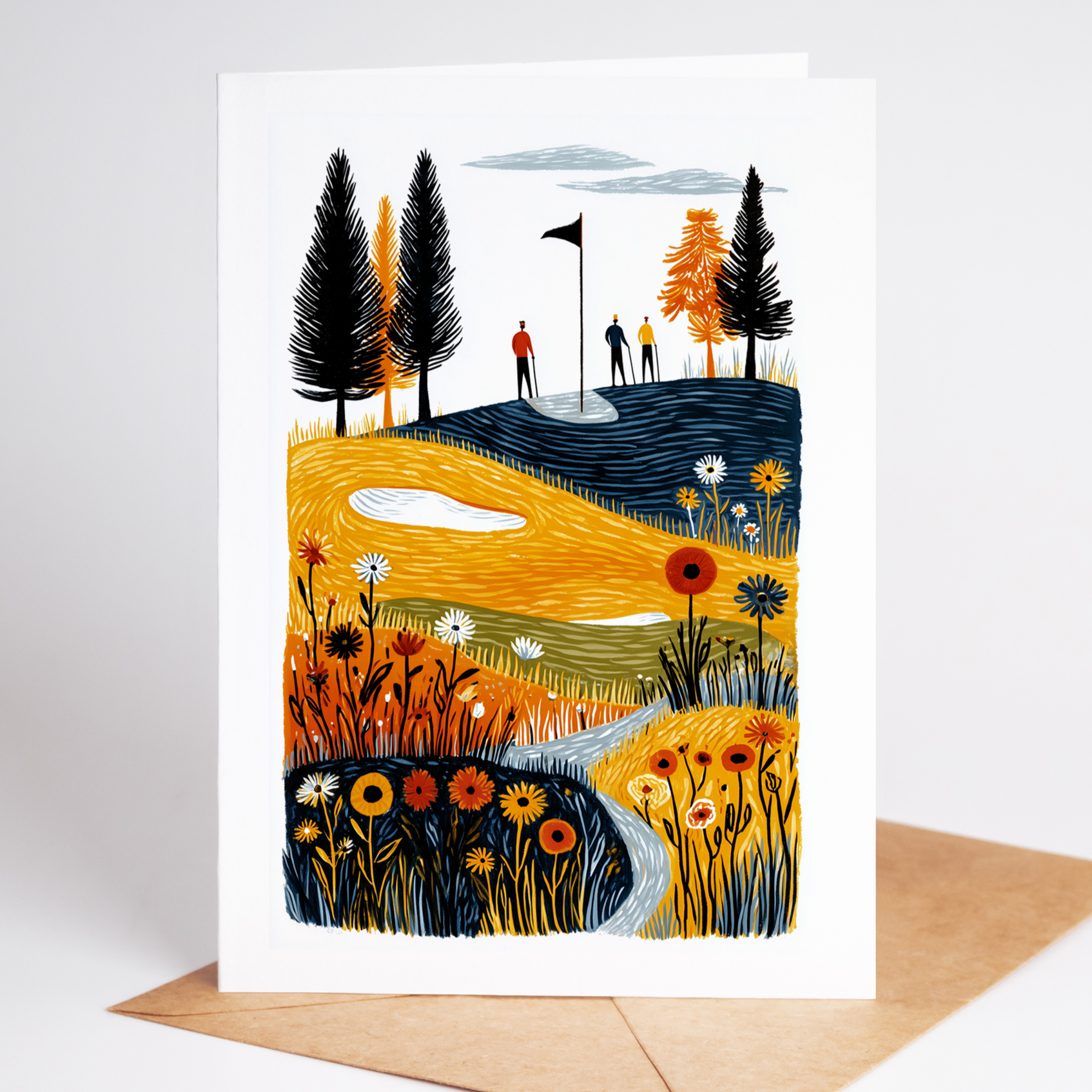 Folk-art golf greeting card with golden putting green, black-red flagstick, and vivid wildflowers; blank 4.25 × 5.5 note ideal for golfer gifts.