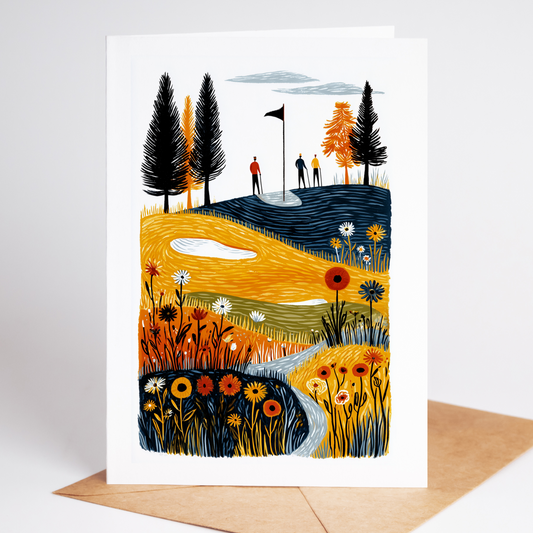 Folk-art golf greeting card with golden putting green, black-red flagstick, and vivid wildflowers; blank 4.25 × 5.5 note ideal for golfer gifts.