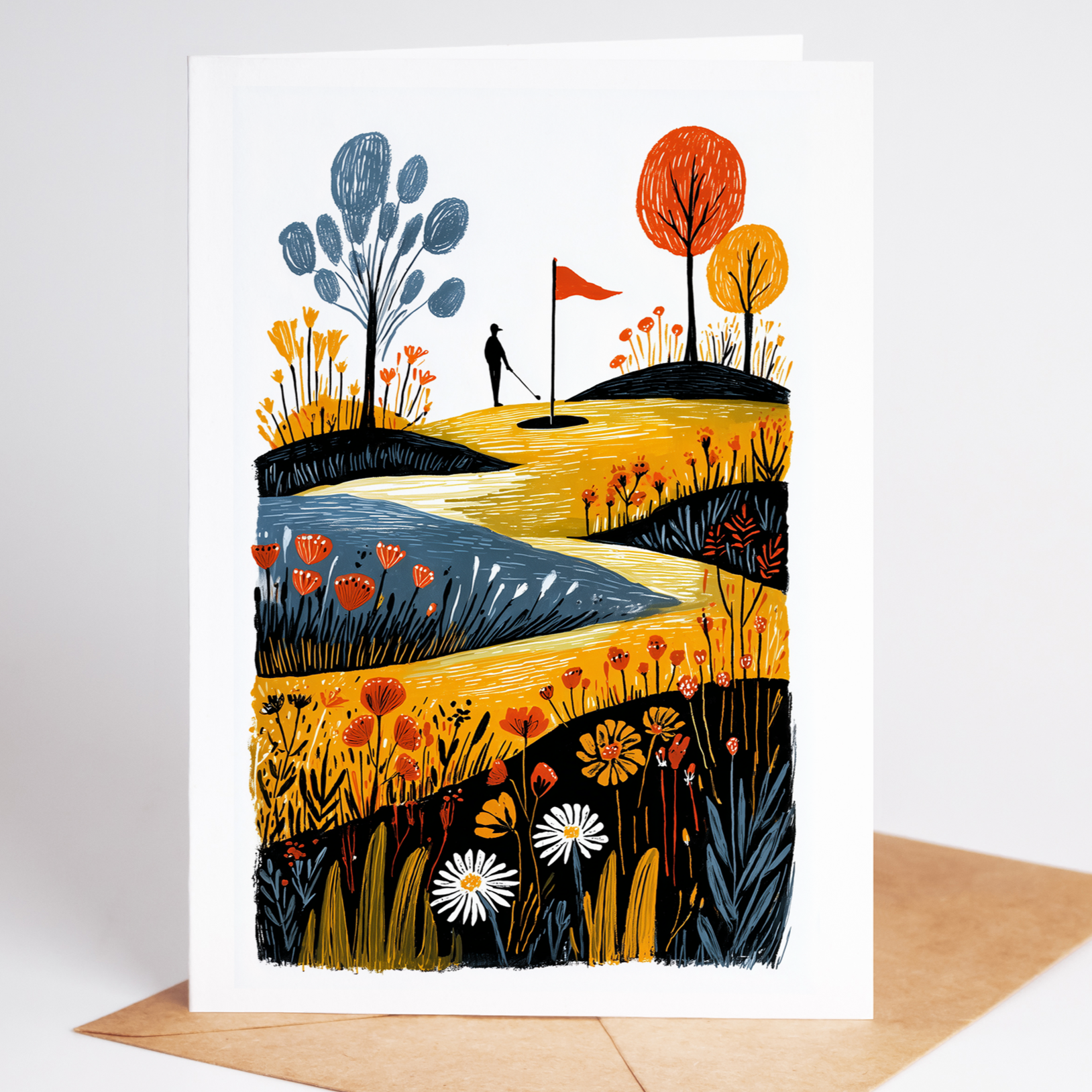 Playful island-green scene showing golf ball, red flag, and reflective water surrounded by autumn foliage; perfect birthday card for golf lovers.