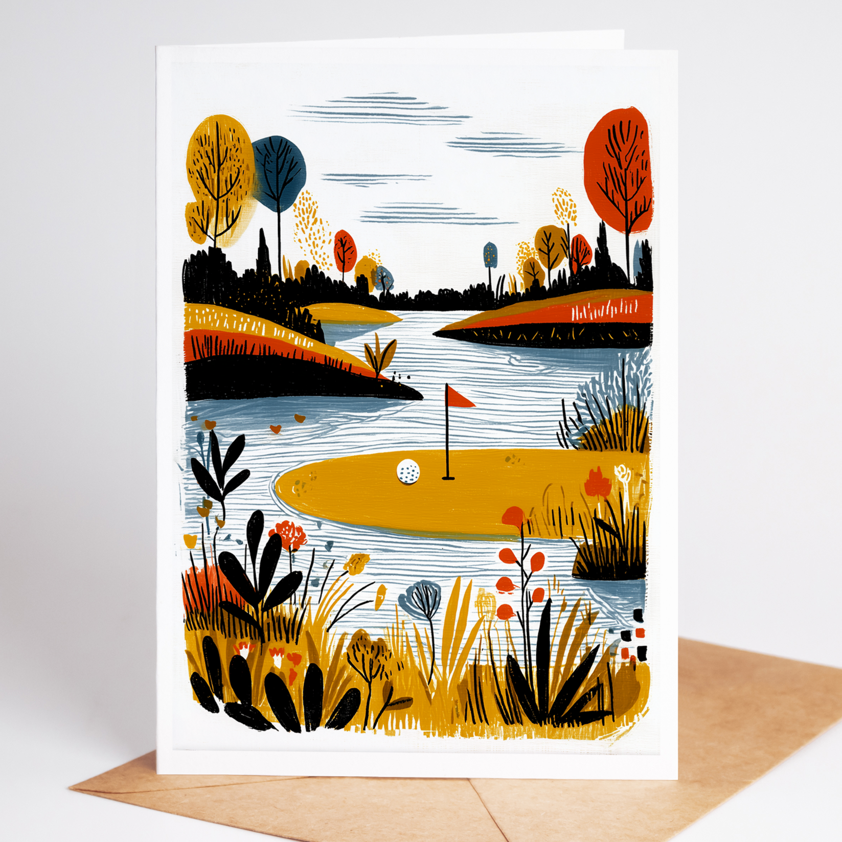 Charming golf course vignette with daisies, poppies, and rich navy grass framing a sunny green; blank inside greeting for tournaments and celebrations.