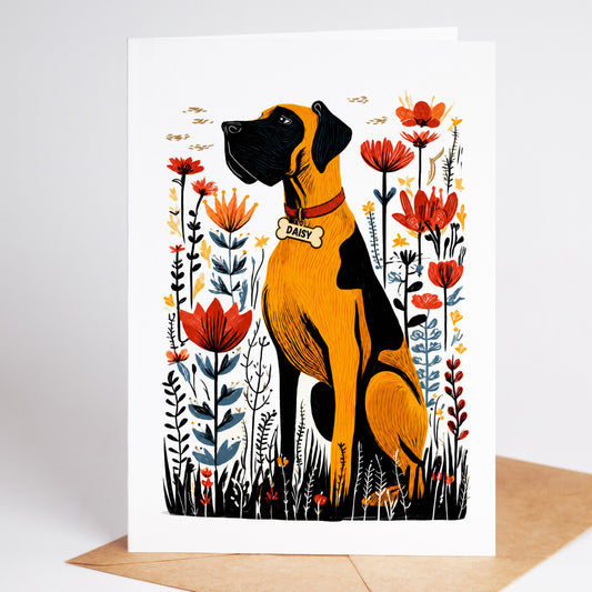 Personalized Great Dane sympathy card with the name Daisy on a dog tag, standing on a kraft envelope