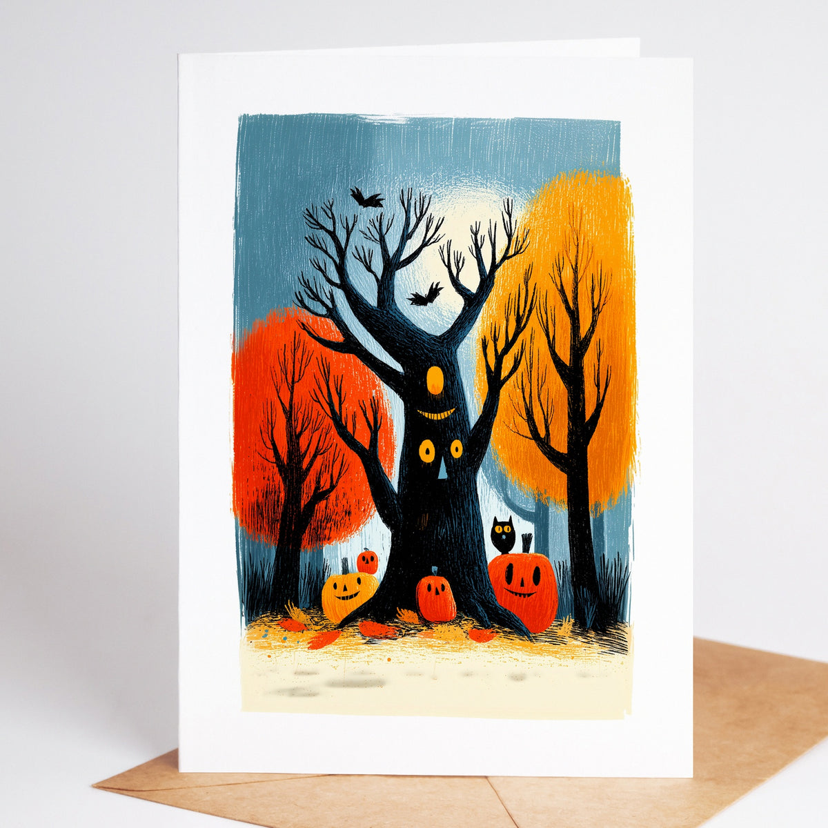 Folk art Halloween card of a spooky tree with a jack-o-lantern face among autumn trees and jack-o-lanterns, standing on a kraft envelope