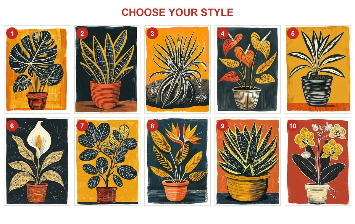Style guide showing all 10 houseplant card designs numbered 1 to 10