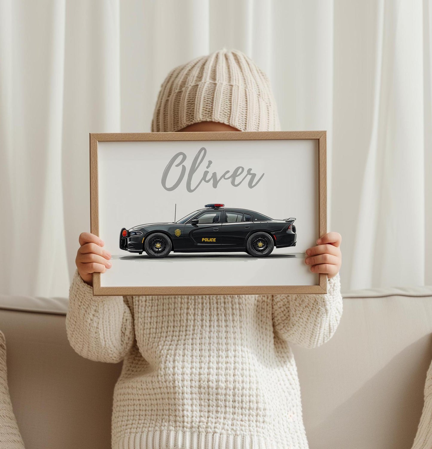 Police Car folk-art art print, blank inside
