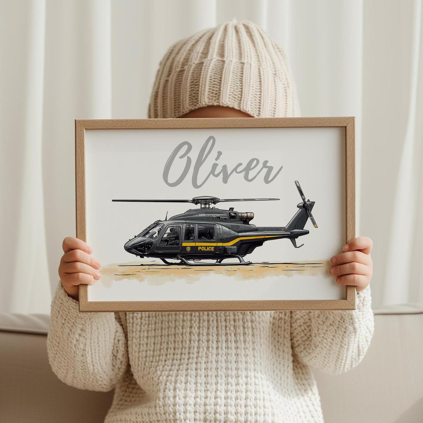 Police Helicopter folk-art art print, blank inside