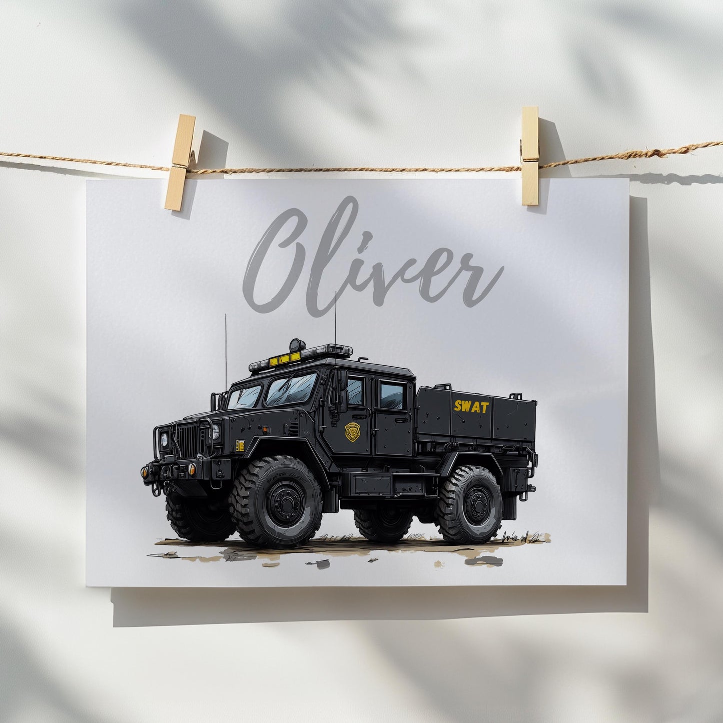 SWAT Truck folk-art art print, blank inside