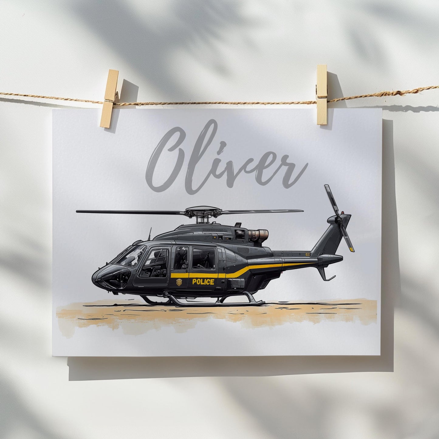 Police Helicopter folk-art art print, blank inside