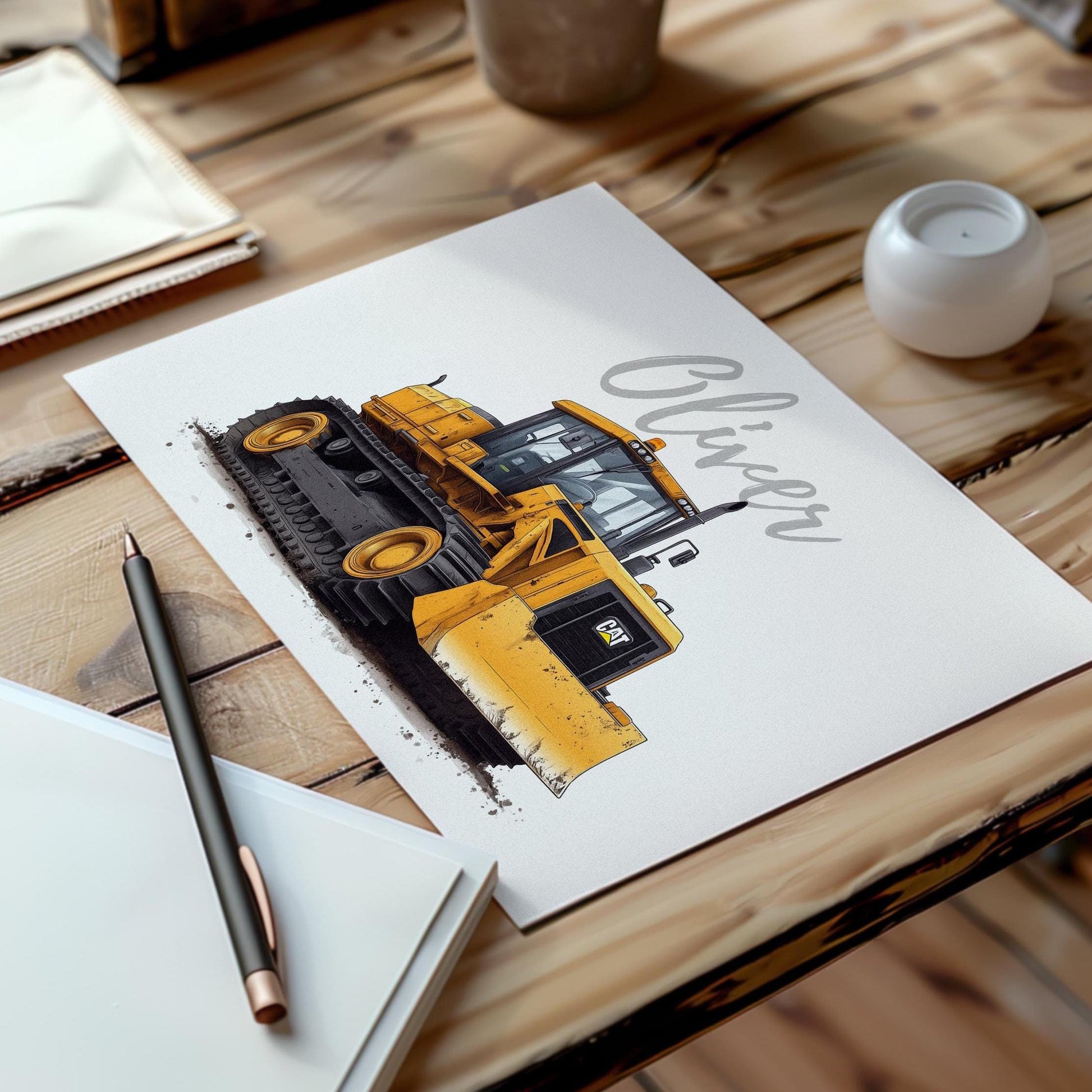 Bulldozer folk-art art print, blank inside