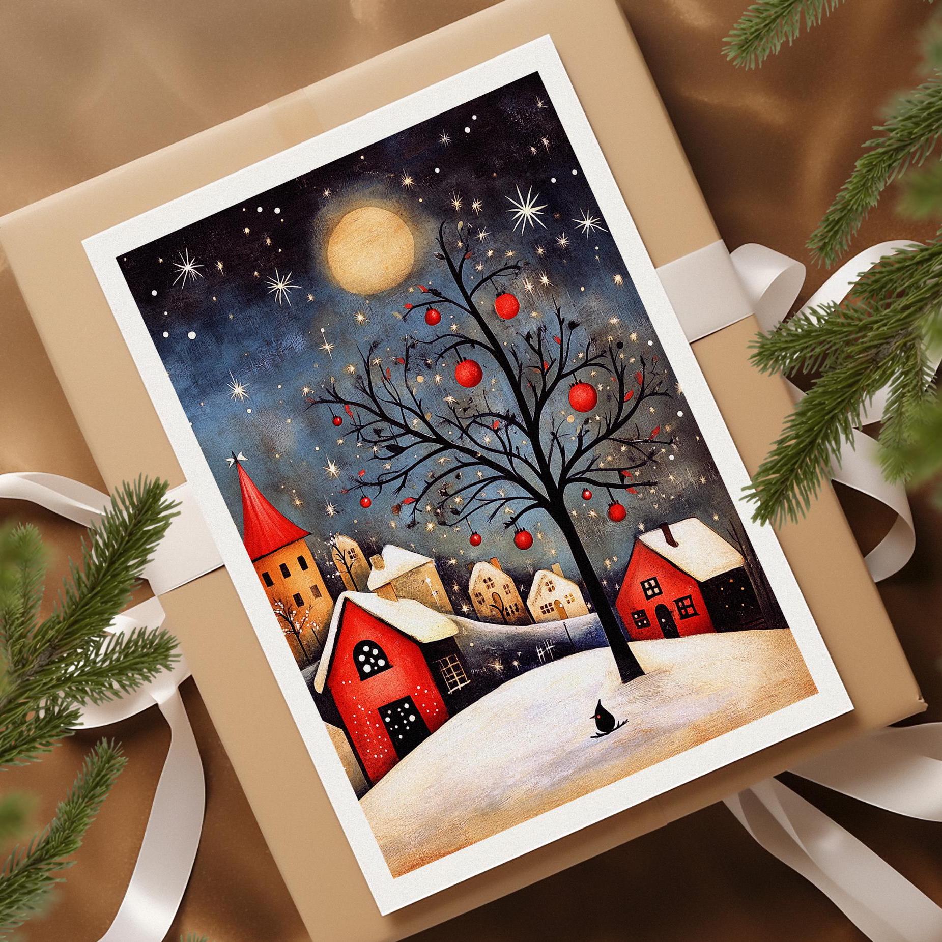 Scandinavian Winter Village folk-art art print, blank inside