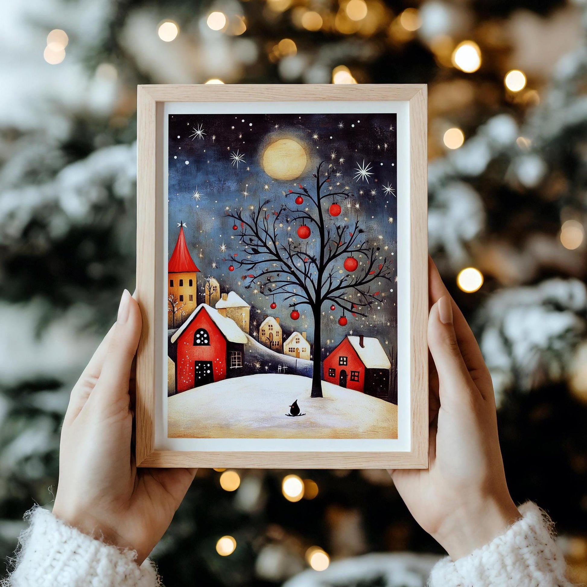 Scandinavian Winter Village folk-art art print, blank inside