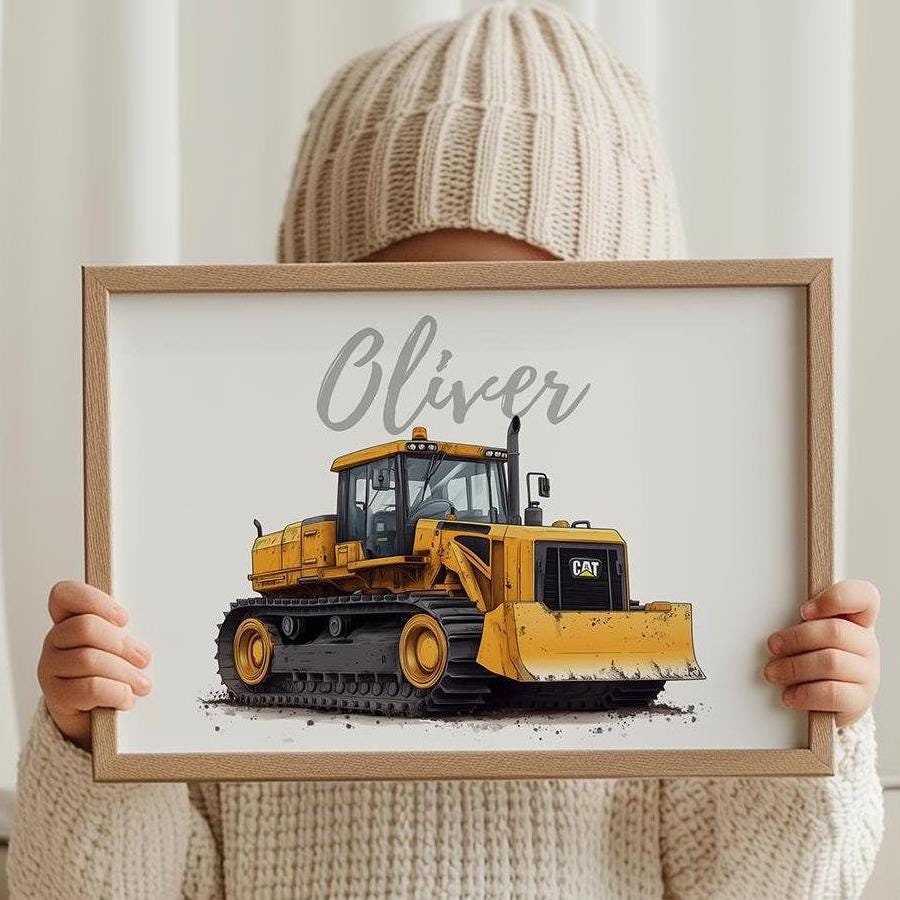 Bulldozer folk-art art print, blank inside