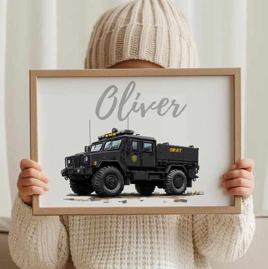 SWAT Truck folk-art art print, blank inside