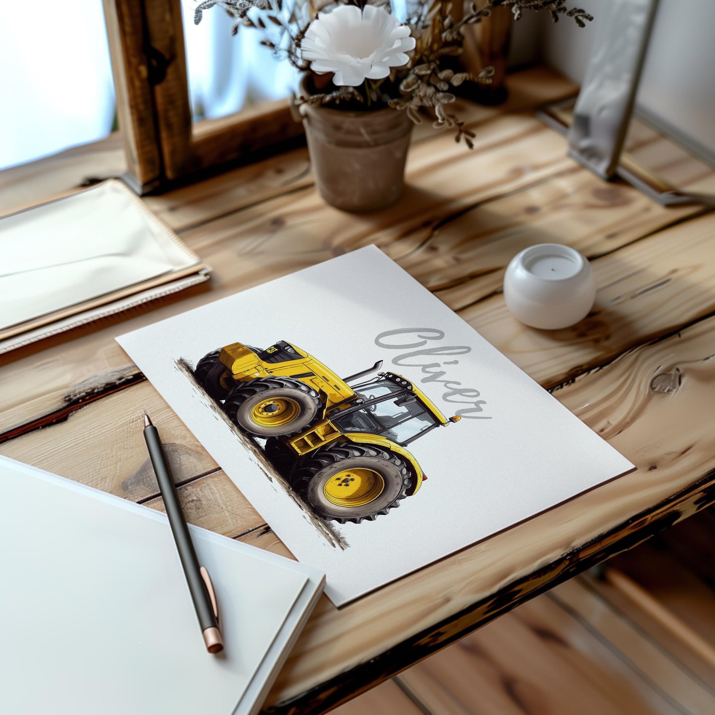 Tractor folk-art art print, blank inside