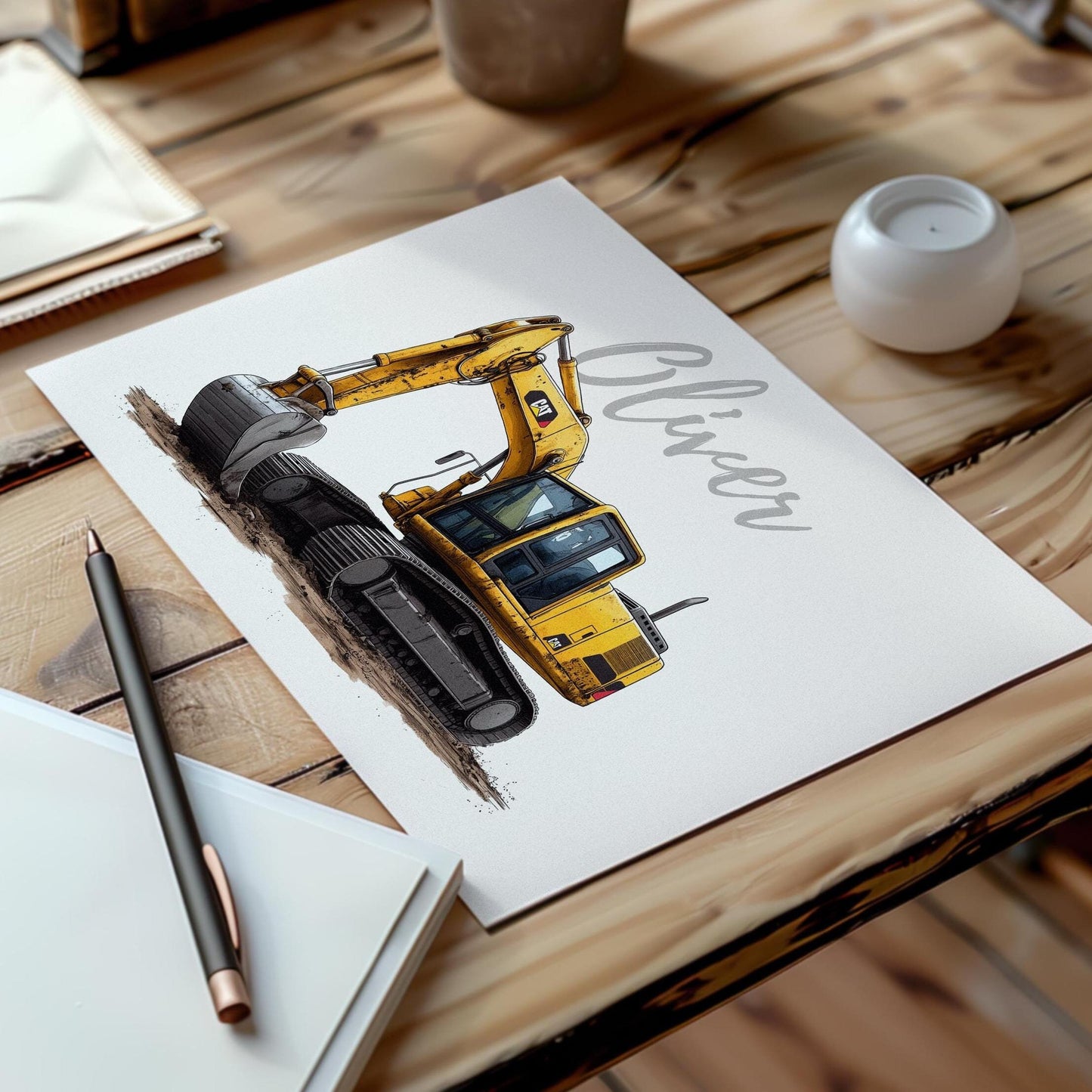Excavator folk-art art print, blank inside