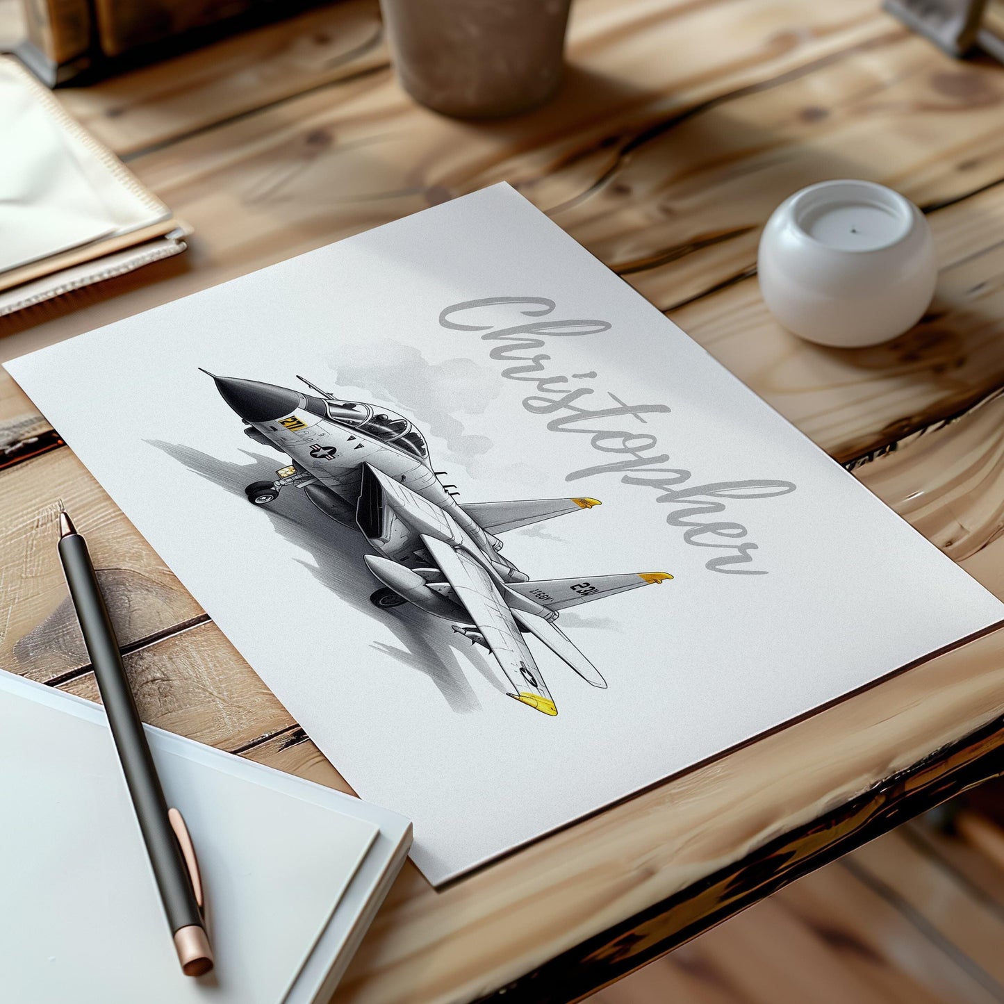 F-14 Tomcat Fighter Jet folk-art art print, blank inside