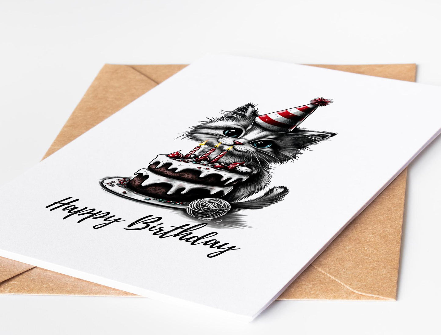 Cat folk-art greeting card, blank inside
