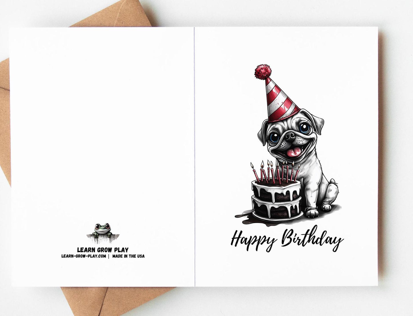 Pug folk-art greeting card, blank inside