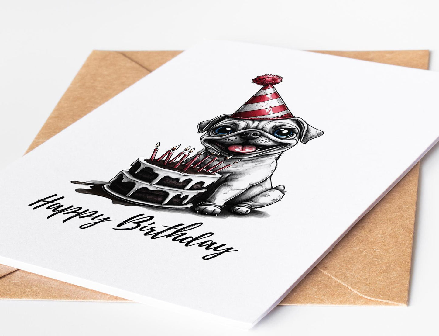 Pug folk-art greeting card, blank inside