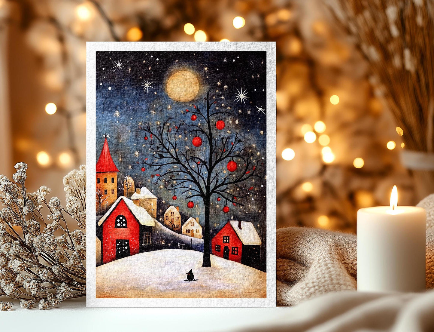 Scandinavian Winter Village folk-art art print, blank inside