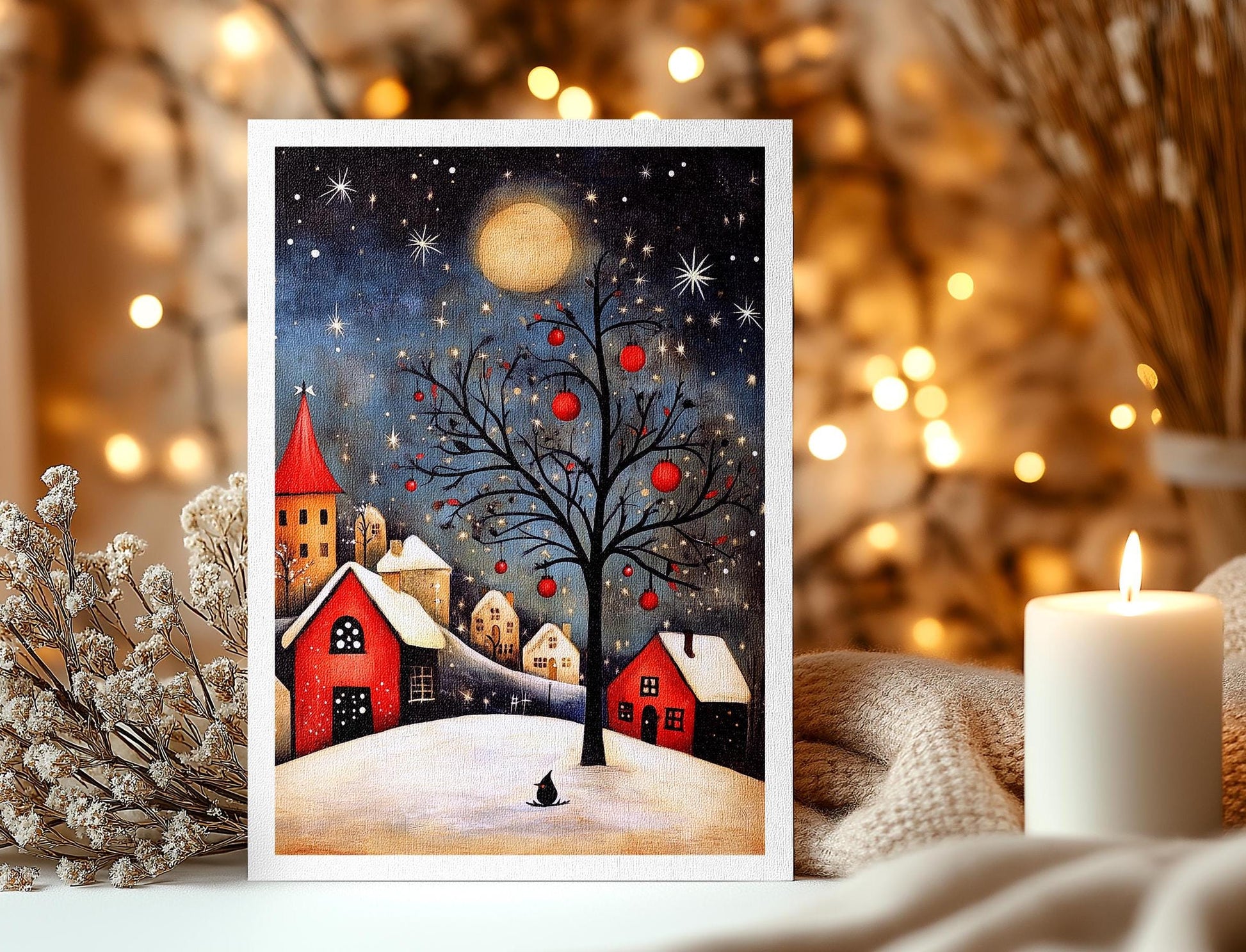 Scandinavian Winter Village folk-art art print, blank inside